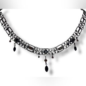 Vintage Dina Panagopoulos Short Gunmetal necklace black red gems dangle beads